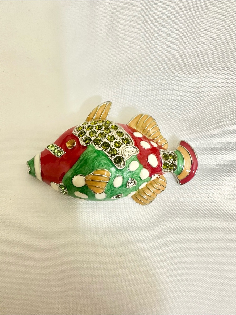 Vintage Silver-tone Enamel Red, Green & Orange Fish w/Green Rhinestones